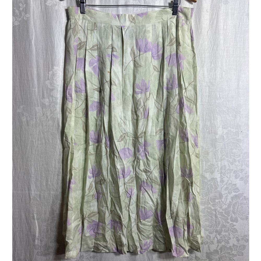 Vintage Maxi Skirt Large Green Purple Pastel Floral Elastic Waist Pull On